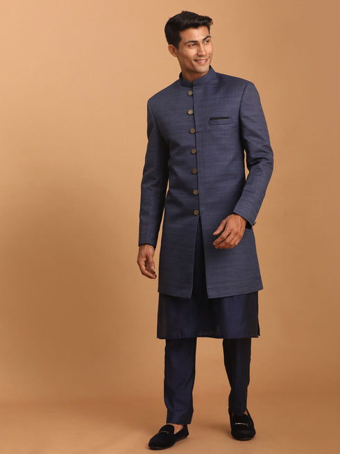 Vastramay Men's Navy Blue Sherwani With Kurta Pant Set